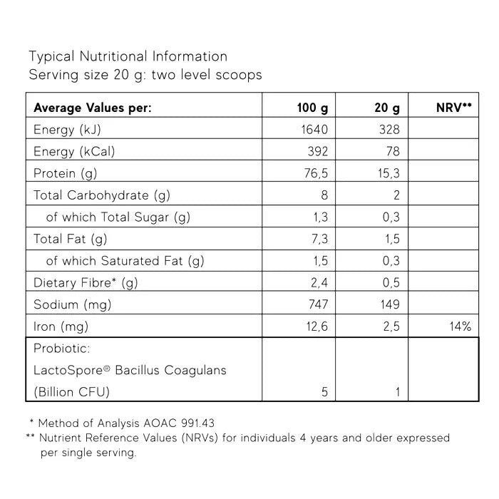 Nutritional information table showing values per serving and per 100g for a food product containing probiotics.
